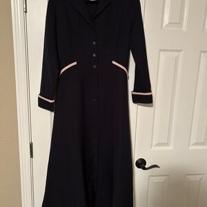 Retro Long Sleeve Black Dress with Pink Trim